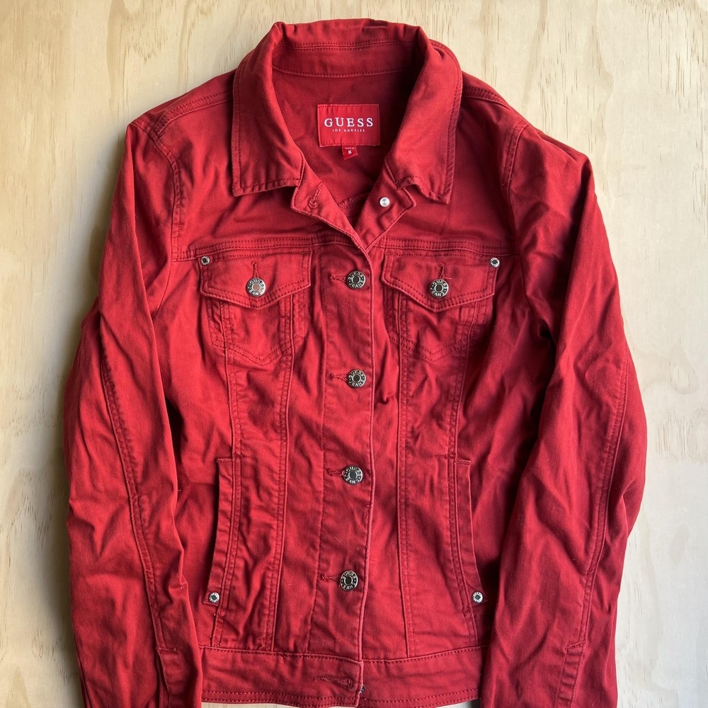 Guess Jacket Womens Medium Red Denim Button Front Jean Pockets Casual Stretch
